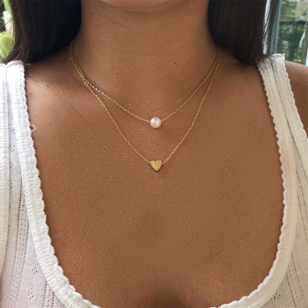 Heart and Pearl Double Layered Necklace